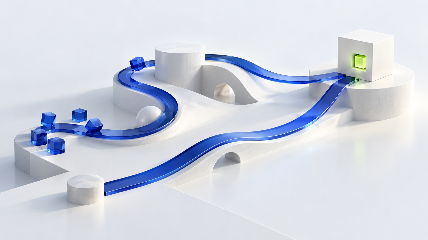 Two blue paths of different lengths leading to a completed white architectural form.