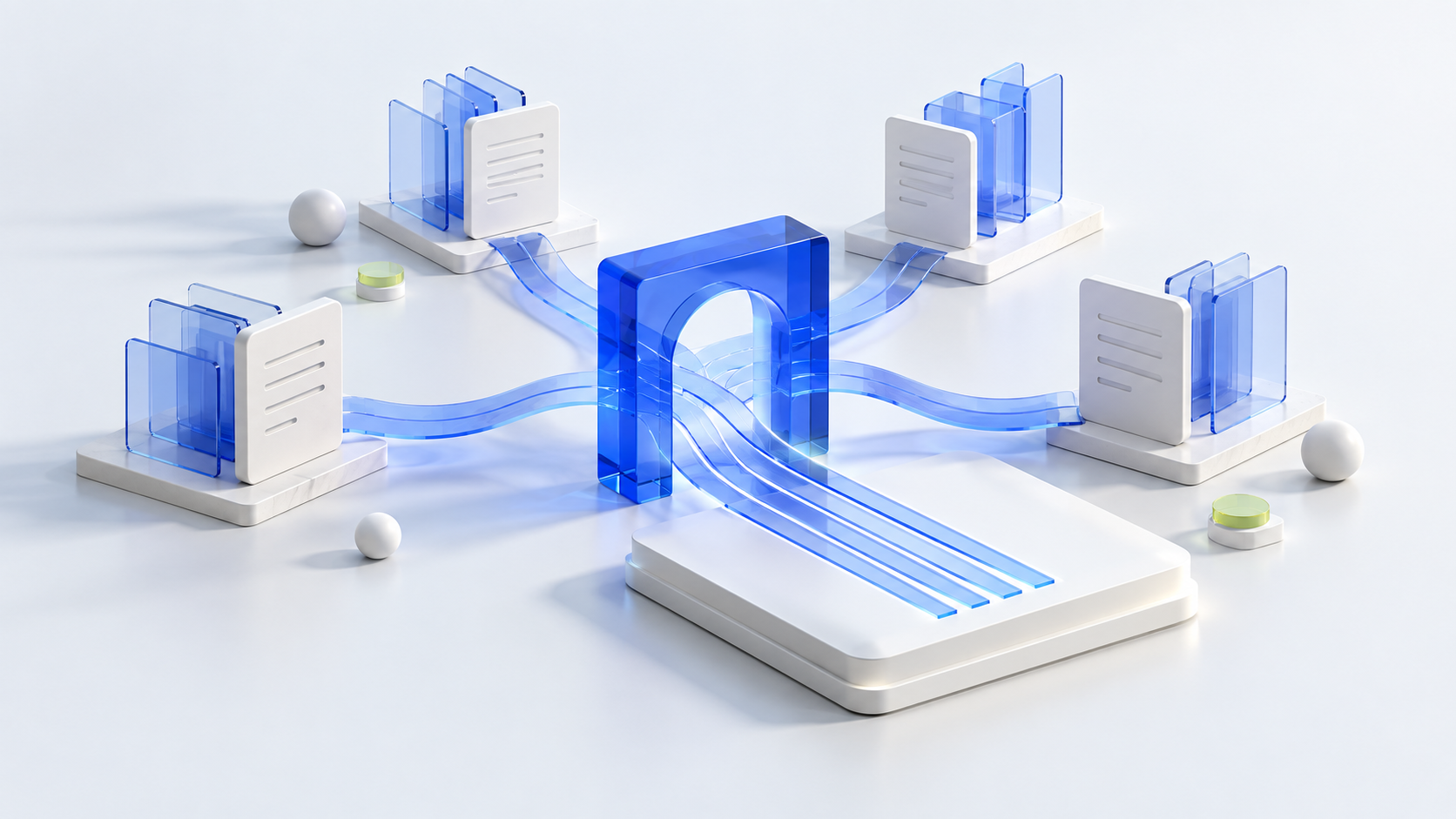 Abstract blue paths connecting data and document forms through a shared gateway.