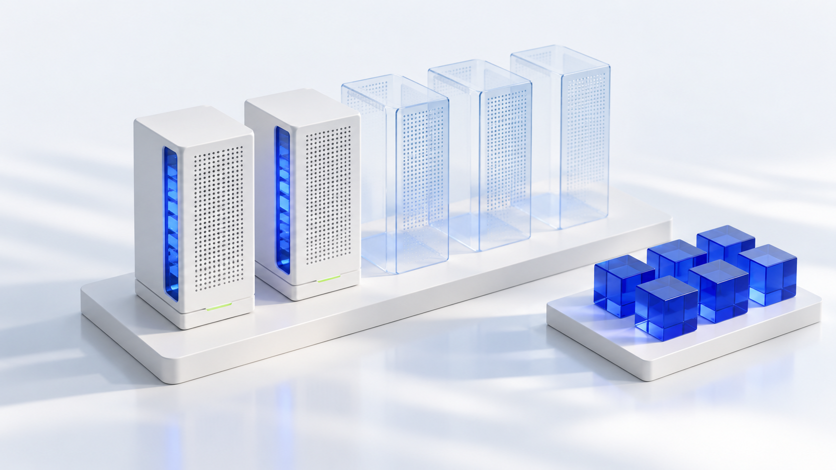 Solid and translucent server forms beside queued blue cubes, representing elastic capacity.
